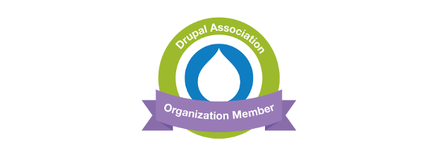 Blau-grün-lila-farbenes Logo der Drupal Association für Organisations Mitglieder