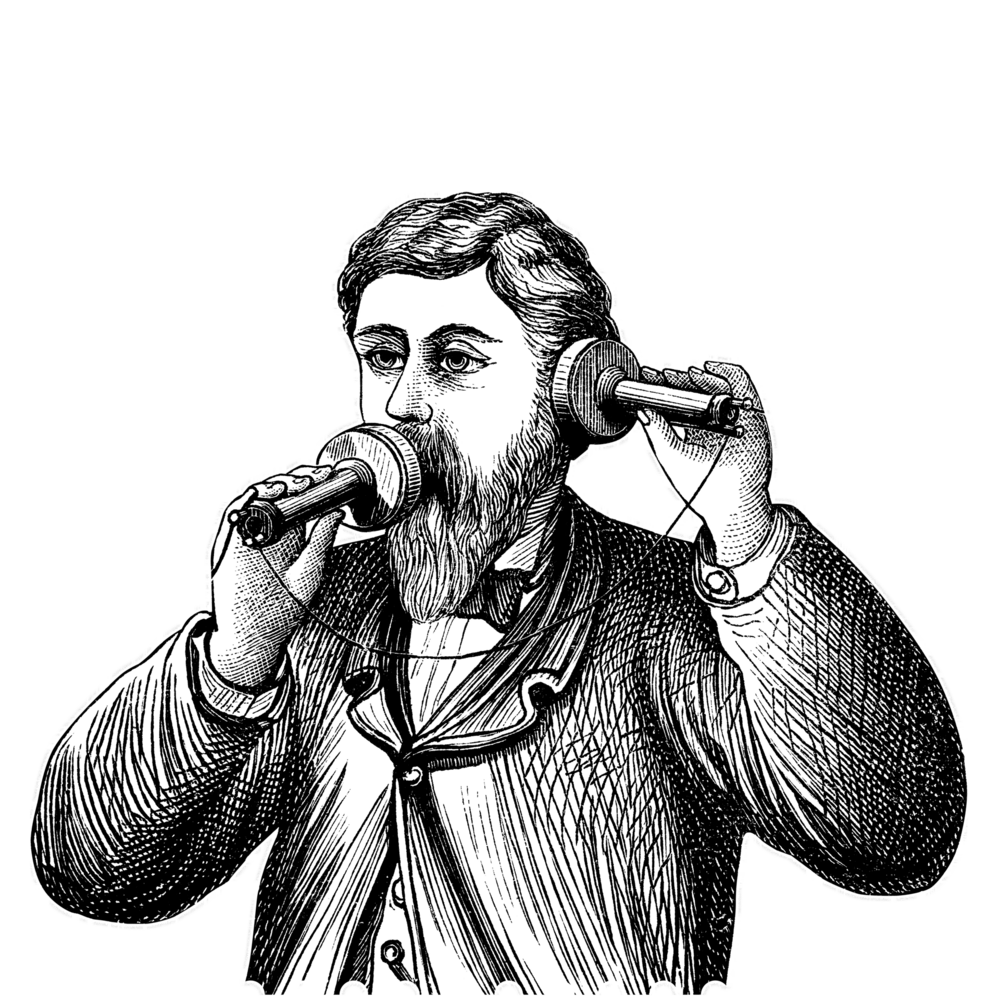 Engraving of Alex Bell with his telephone