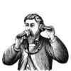 Engraving of Alex Bell with his telephone